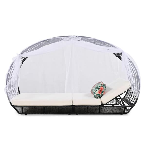 Unbranded Wicker Patio Outdoor Day Bed with Curtain, Beige Cushions, Pillow and Adjustable Backrest for Pool Garden Backyard