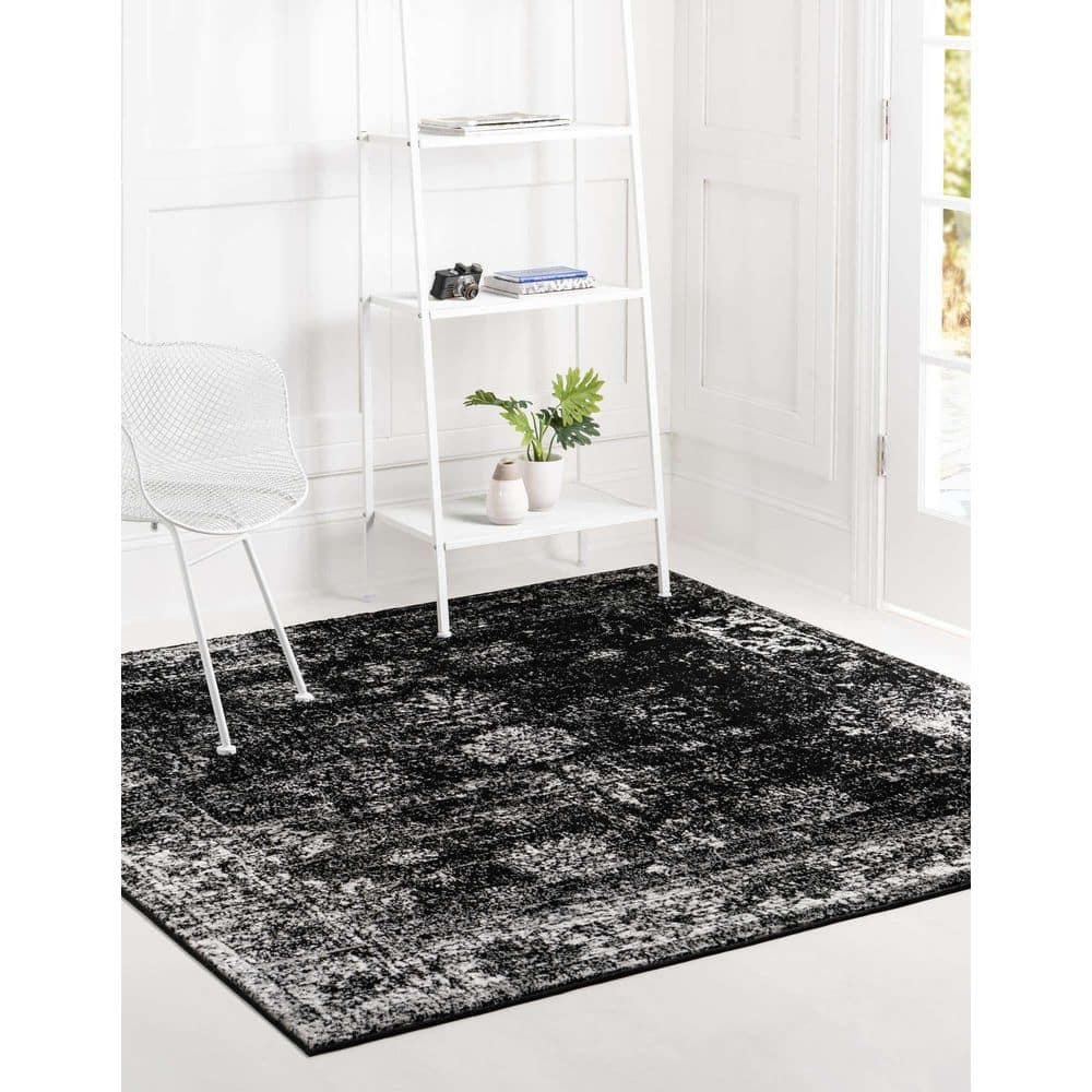 Sofia Collection Black and Ivory 6' Square Synthetic Area Rug