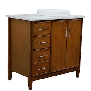 37 in. W x 22 in. D Single Bath Vanity in Walnut with Marble Vanity Top in White with Right White Round Basin