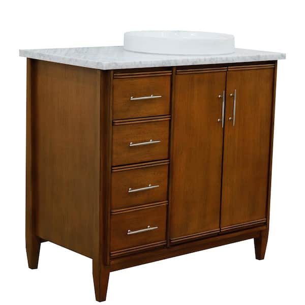 Bellaterra Home 37 in. W x 22 in. D Single Bath Vanity in Walnut with Marble Vanity Top in White with Right White Round Basin