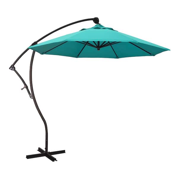 California Umbrella 9 ft. Bronze Aluminum Cantilever Patio Umbrella with Crank Open 360 Rotation in Aruba Sunbrella