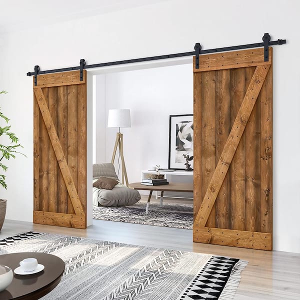 48 in. x 84 in. Z Bar Series Walnut Stained Solid Knotty Pine Wood Interior Double Sliding Barn Door with Hardware Kit