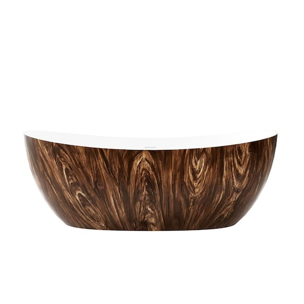 66.81 in. x 29.47 in. Flat Bottom Freestanding Solid Surface Soaking Bathtub with Center Drain in Wooden Brown
