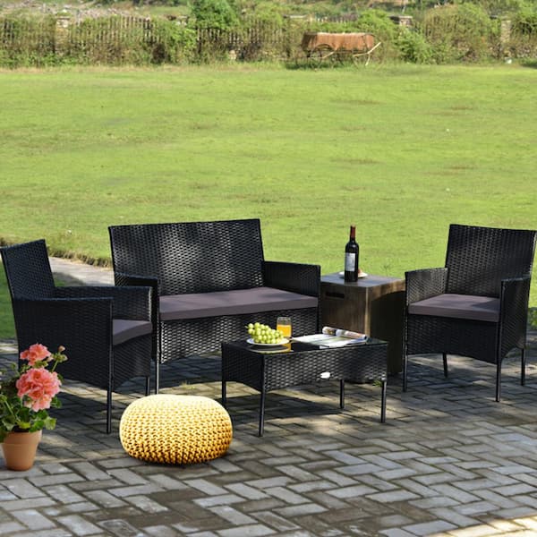 Kadehome 4-Piece Patio Wicker Rattan Conversation Set with Tempered Glass Top Coffee Table & Seat Cushions in Gray