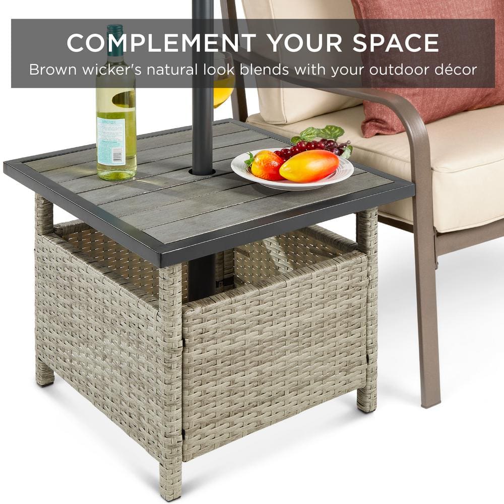 Elegant Grey Rattan Wicker Outdoor Side Table with Umbrella Hole