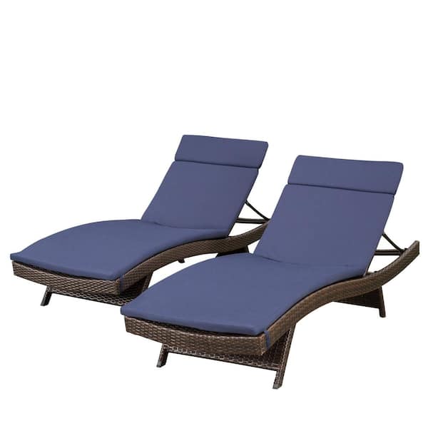 Salem Multi-Brown 2-Piece Faux Rattan Outdoor Patio Chaise Lounge with Navy Blue Cushions