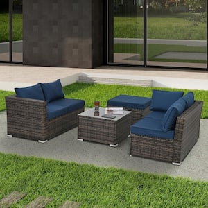 6-Piece Brown Rattan Wicker Patio Conversation Set with Navy Blue Cushions