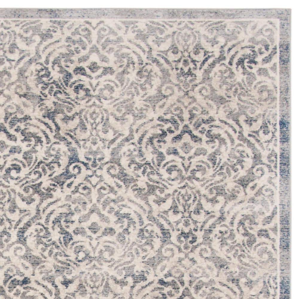 Light Grey and Blue Damask Synthetic Area Rug, 9' x 12'