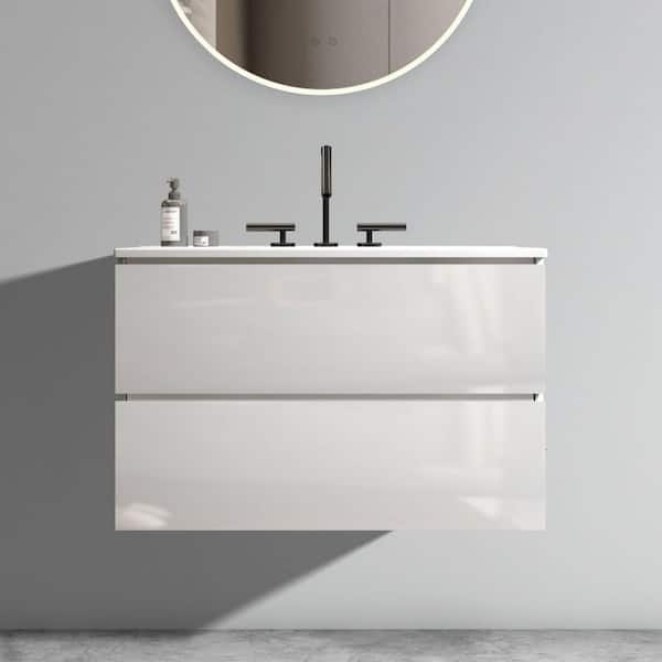 30 in. Single Sink Floating White Bath Vanity with White Ceramic Top (Assembled), DTC Soft-closing Drawers