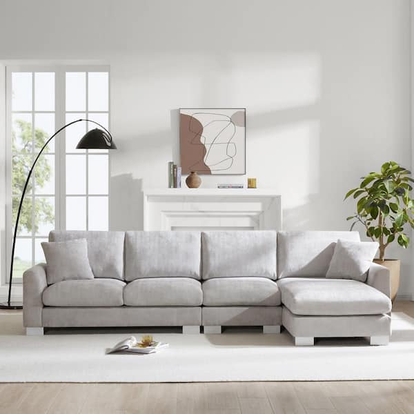 119 in. Chenille Sectional Sofa in Light Gray with 2 Pillow