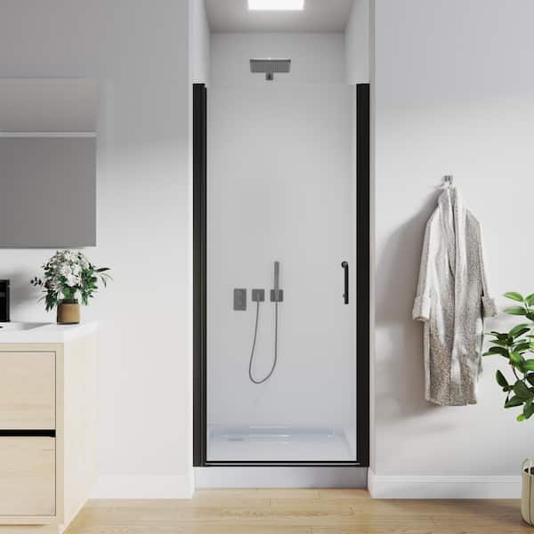 32 to 33-1/4 in. H Pivot Swing Frameless Shower Door in Black with Clear Glass