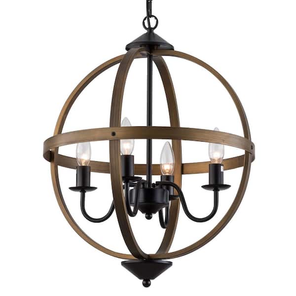 Simpol Home 4-Light Modern Retro Wood Cage Chandeliers Farmhouse Chandelier Ceiling Light Fixture