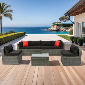 5-Piece Gray Wicker Outdoor Sectional Sofa Set with Black Cushions, 2 Pillows and Table