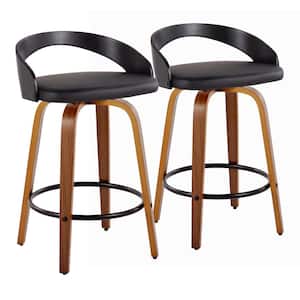 Grotto 25.25 in. Black Faux Leather, Black and Walnut Wood, and Black Metal Fixed-Height Counter Stool (Set of 2)
