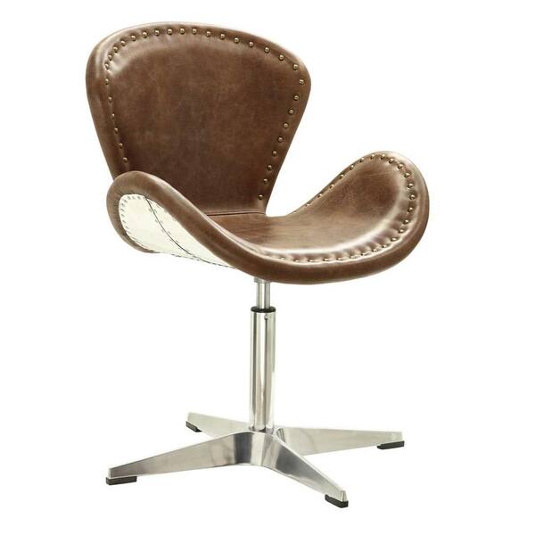 Acme Furniture Brancaster Retro Brown Top Grain Leather and Aluminum Leather Swivel Arm Chair