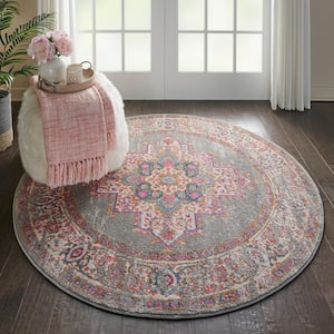 Passion Grey 5 ft. x 5 ft. Bordered Transitional Round Rug