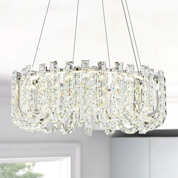 23.6 in. 1-Light Chrome Unique Integrated LED Chandelier with Crystal Accents