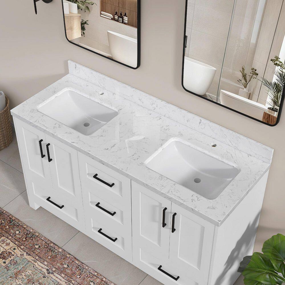Kar 72 in. W x 22 in. D Engineered Stone Marble Rectangular Double Sink Bath Vanity Top with Backsplash in Carrara White price history on PriceWatchPro