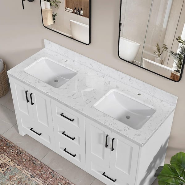 Kar 72 in. W x 22 in. D Engineered Stone Marble Rectangular Double Sink Bath Vanity Top with Backsplash in Carrara White