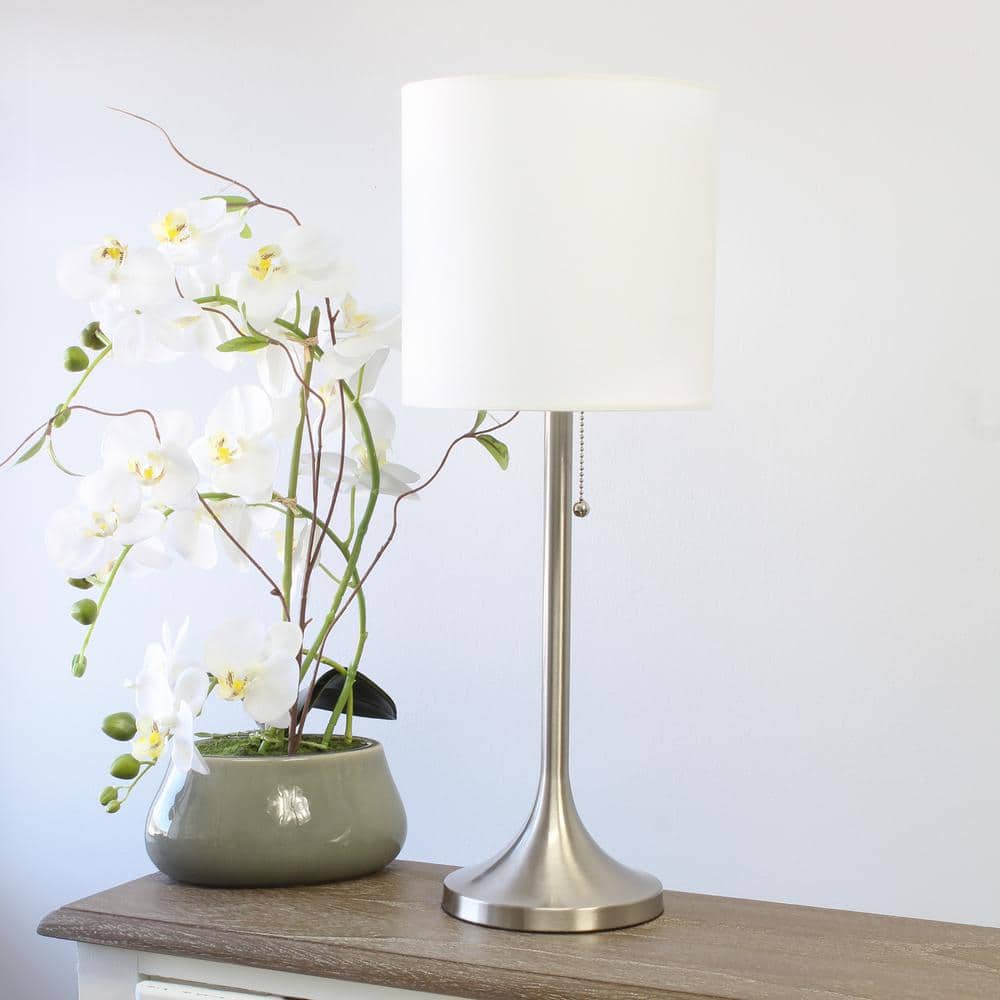 Brushed Nickel and White Tapered Table Lamp with Fabric Shade