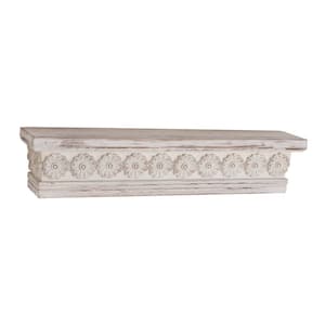 28 in.  x 6 in. White Intricate Carved 1 Shelf Wood Floral Wall Shelf