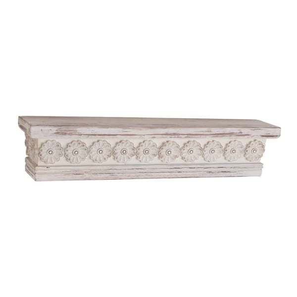 Litton Lane 28 in.  x 6 in. White Intricate Carved 1 Shelf Wood Floral Wall Shelf