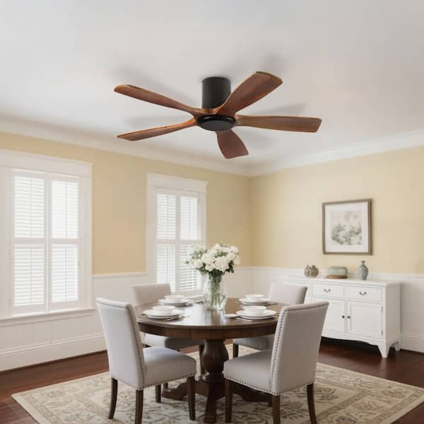 52 in. Indoor Matte Black 5 Solid Light Walnut Wood Fan Blades Flush Mount Ceiling Fan For Living Room or Bedrooms