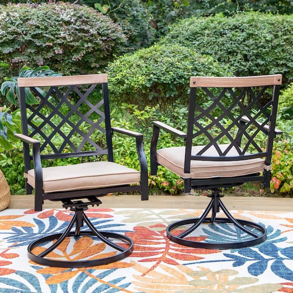 Black Metal Concise Patio Outdoor Dining Swivel Chair with Beige Cushion (2-Pack)