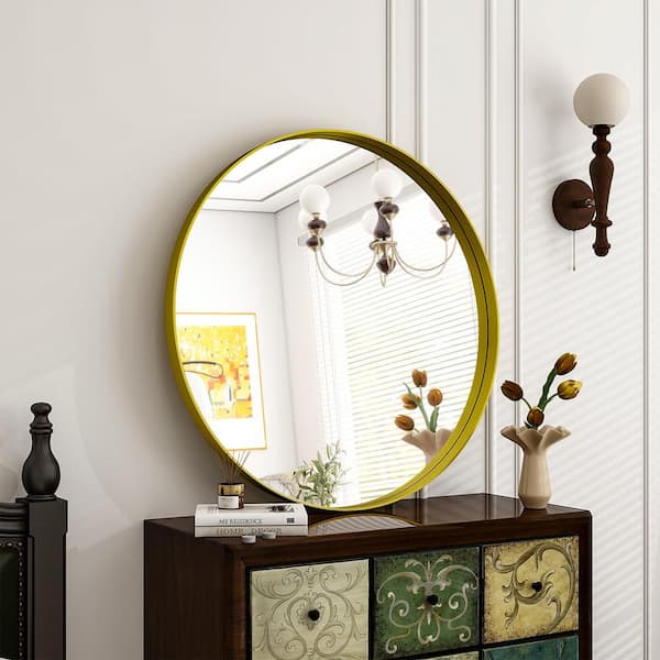 24 in. W x 24 in. H Round Gold Metal Deep Framed Wall Bathroom Vanity Mirror