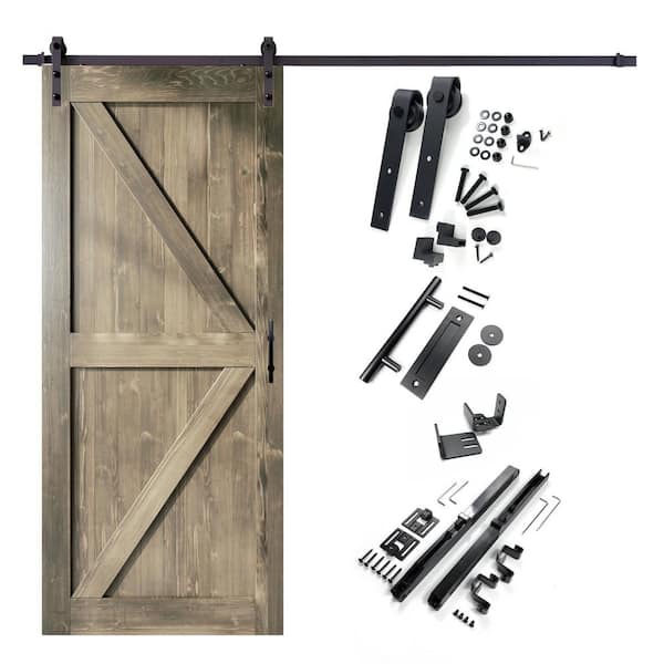 HOMACER 42 in. x 84 in. K-Frame Classic Gray Solid Pine Wood Interior Sliding Barn Door with Hardware Kit, Non-Bypass