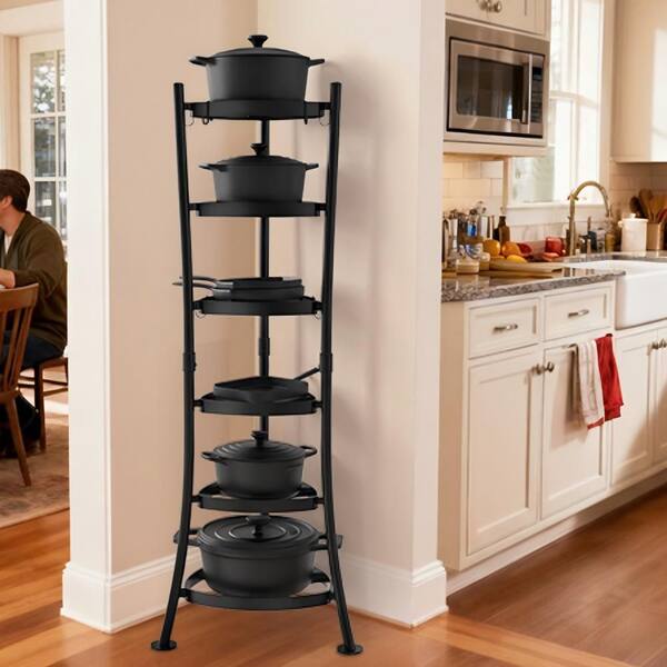 Solid Metal 6-Tier Freestanding Pot Rack with 6 Hooks, 264 lbs. Capacity, Black Finish (Unassembled)