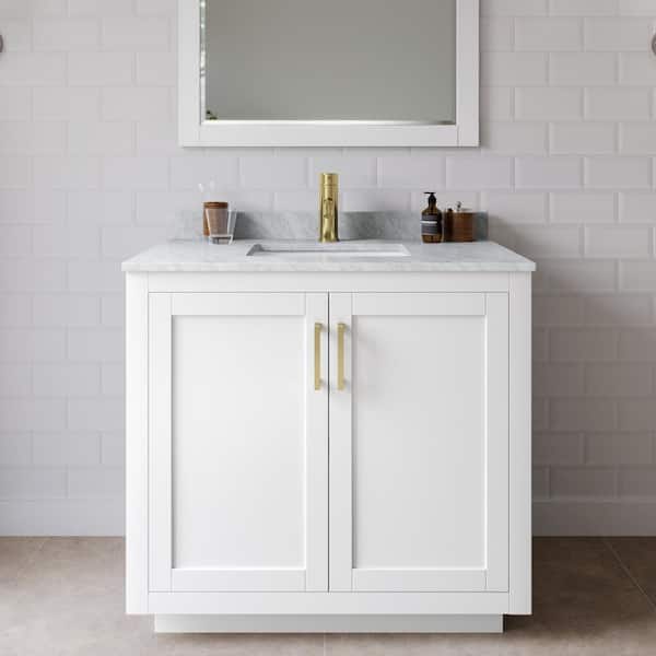 Wyndham Collection Miranda 36 in. W Single Bath Vanity in White with Marble Vanity Top in White Carrara with White Basin and Mirror