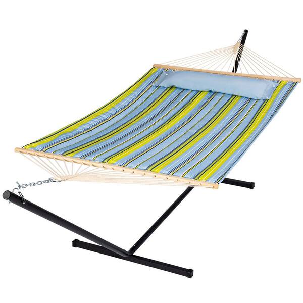 Unbranded 12 ft. Free Standing, 450 lbs. Capacity, Heavy-Duty 2-Person Hammock with Stand and Detachable Pillow in Blue and Yellow