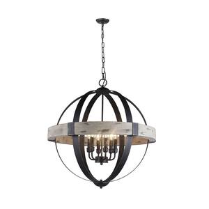 6-Light Distressed Black Chandelier with Wood and Steel Frame