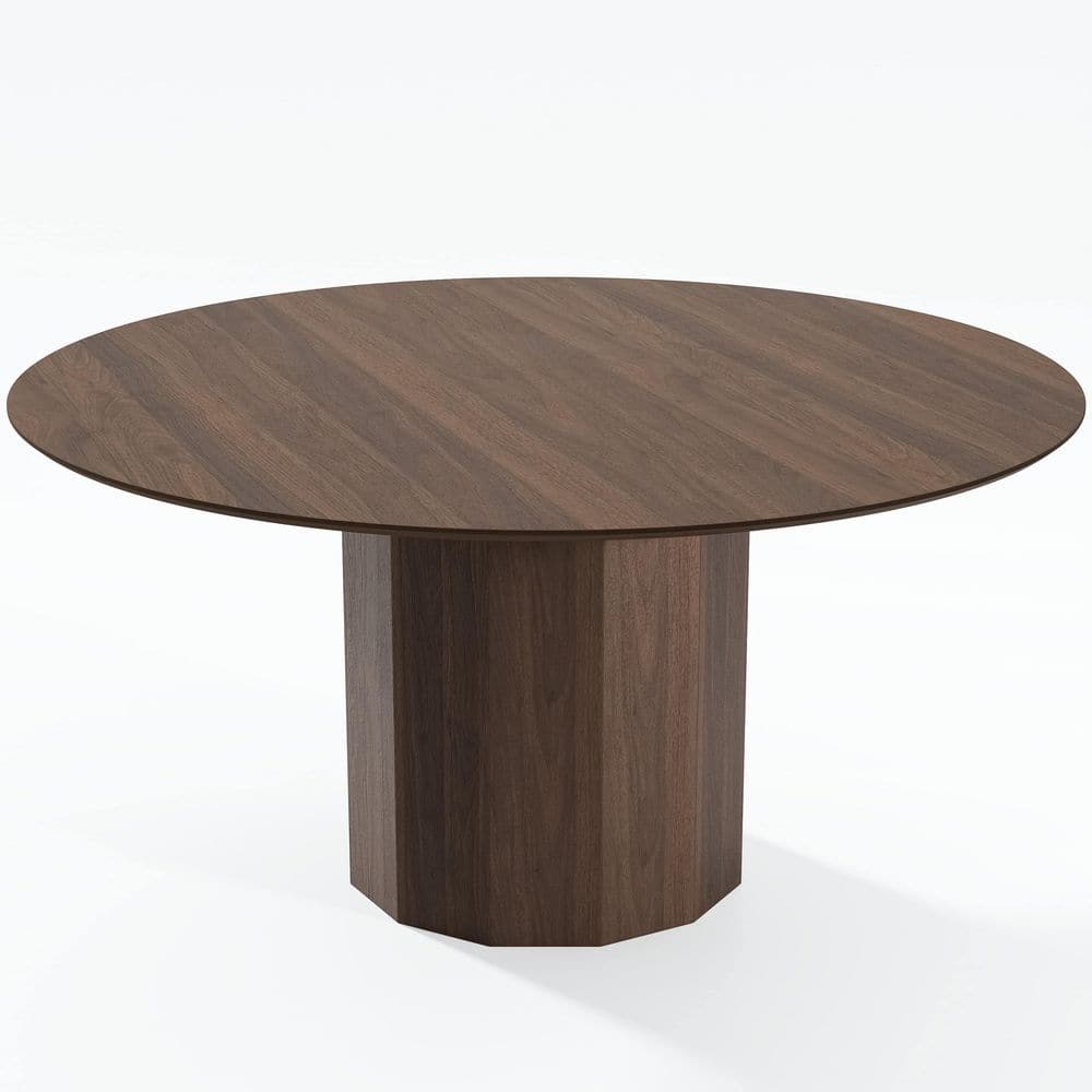 60 in. Natural Oak Wood Walnut Color Column Pedestal Round Kitchen Table Dining Table Seats 6