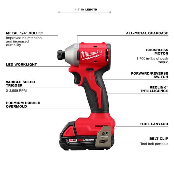 M18 18-Volt Lithium-Ion Compact Brushless Cordless 1/4 in. Impact Driver Kit with SHOCKWAVE Bit Set (45-Piece) M18 18-Volt Lithium-Ion Compact Brushless Cordless 1/4 in. Impact Driver Kit with SHOCKWAVE Bit Set (45-Piece)