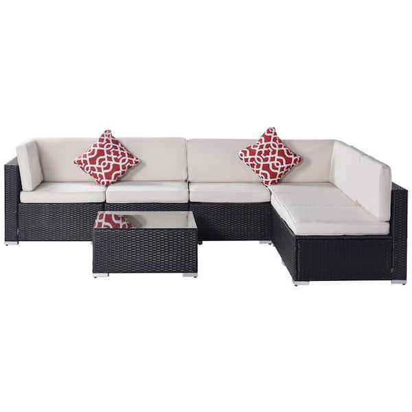 Unbranded 7-Piece PE Wicker Outdoor Sectional Sofa Conversation Set with Beige Cushions and Coffee Table