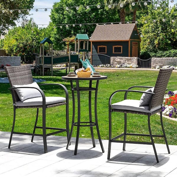 Zeus & Ruta 3-Piece Brown Wicker Rattan Bar Height Outdoor Bistro Set with Gray Cushion