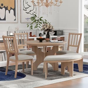 5-Piece Natural Wood Wash Round MDF Dining Table Set with 3 Upholstered Chairs and Curved Bench