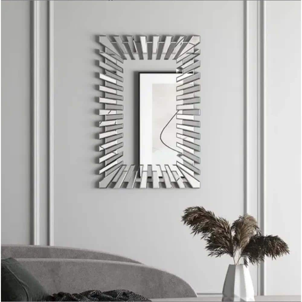 Silver 39 in. W x 26 in. Modern Rectangle Wall Mirror with Diamonds Inlay