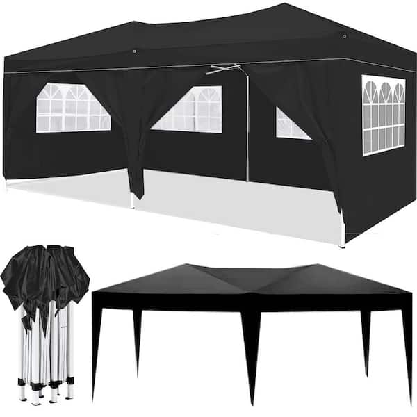 Otryad Outdoor 10 ft. x 20 ft. Pop Up Canopy Tent with with 6-Removable Sidewalls + Carry Bag + 4pcs Weight Bag-Black