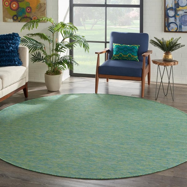 Positano Blue/Green 8 ft. x 8 ft. Round Solid Modern Indoor/Outdoor Patio Area Rug
