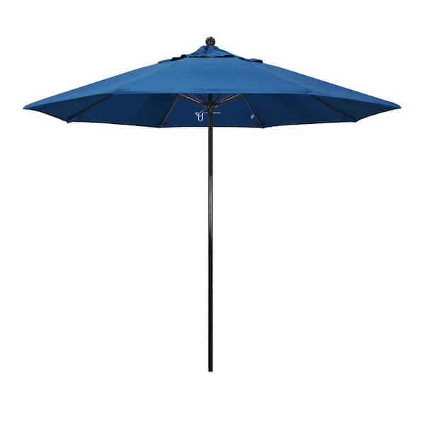 California Umbrella 9 ft. Black Fiberglass Commercial Market Patio Umbrella with Fiberglass Ribs and Push Lift in Regatta Sunbrella