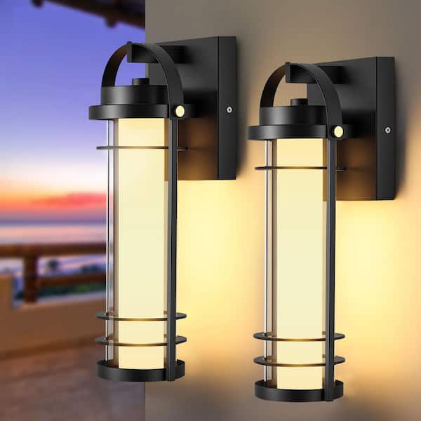 15 in. Black Modern Integrated LED Waterproof Cylinder Hardwired Outdoor Wall Lantern Sconce with Clear Glass(2-Pack)