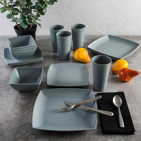 Gibson Home Grayson 16-pcs Square Melamine Dinnerware Set Service of 4 in Grey