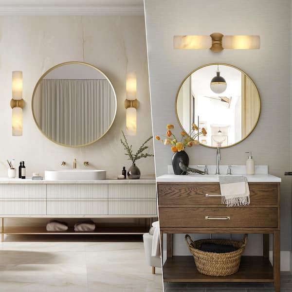 20 in. 2-Light Dimmable Brass Bathroom Wall Sconce, Alabaster Vanity Sconce for Bedrooms, Living Room, Hallway (1-Pack)