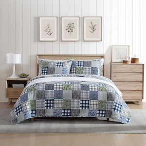 Cozy Plaid Patchwork Blue 3-Piece King Cotton Quilt-Sham Set