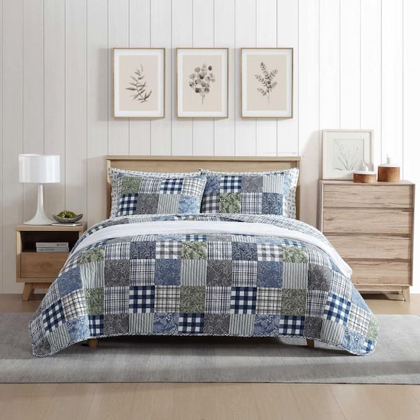 Cozy Plaid Patchwork Blue 3-Piece King Cotton Quilt-Sham Set
