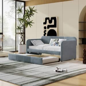 Gray Twin Size Velvet Upholstered Daybed with Trundle