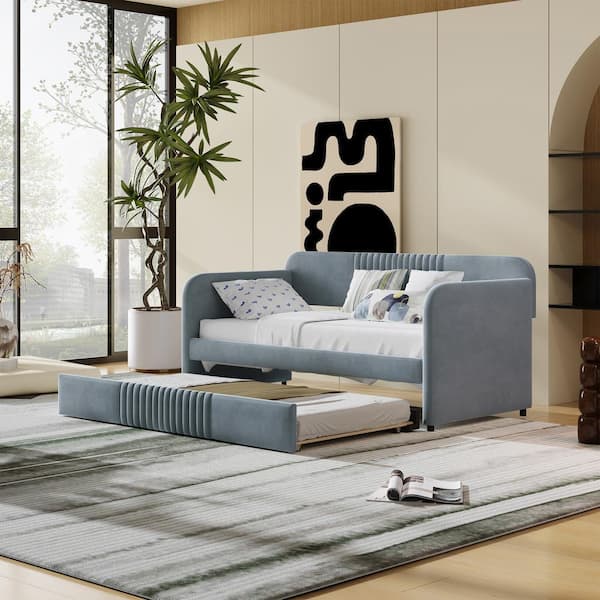 Harper & Bright Designs Gray Twin Size Velvet Upholstered Daybed with Trundle